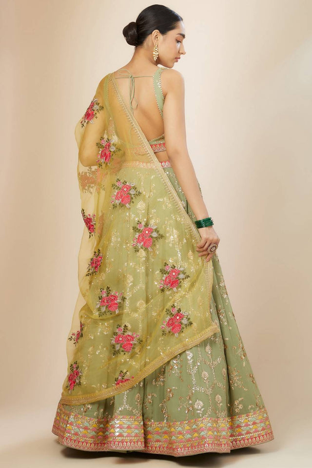 Green Embroidered Georgette Lehenga