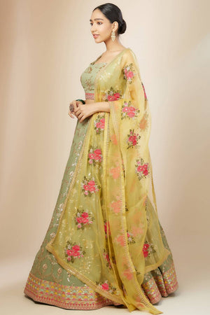 Green Embroidered Georgette Lehenga