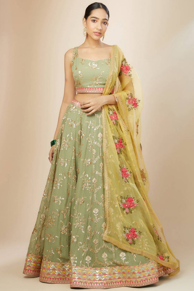 Green Embroidered Georgette Lehenga