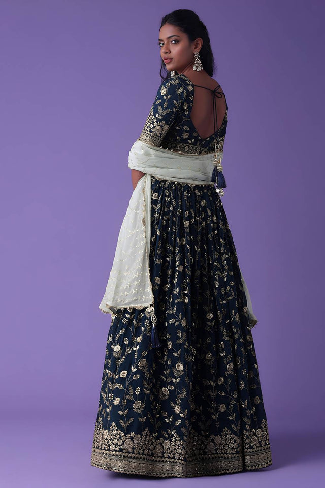 Blue Embroidered Georgette Lehenga