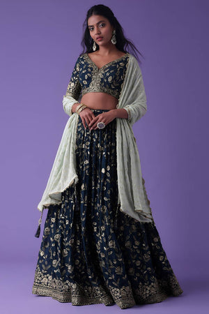 Blue Embroidered Georgette Lehenga