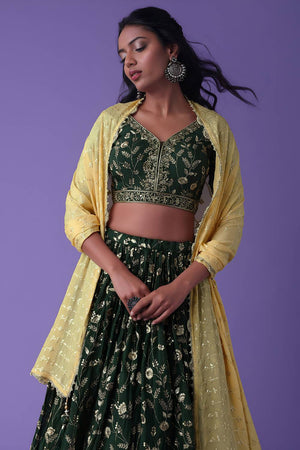 Green Embroidered Georgette Lehenga