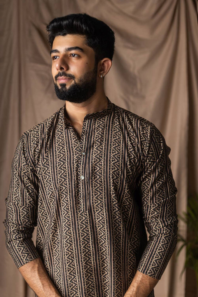 Black Printed Modal Silk Men's Kurta Sets