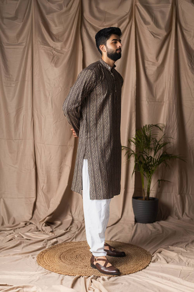 Black Printed Modal Silk Men's Kurta Sets