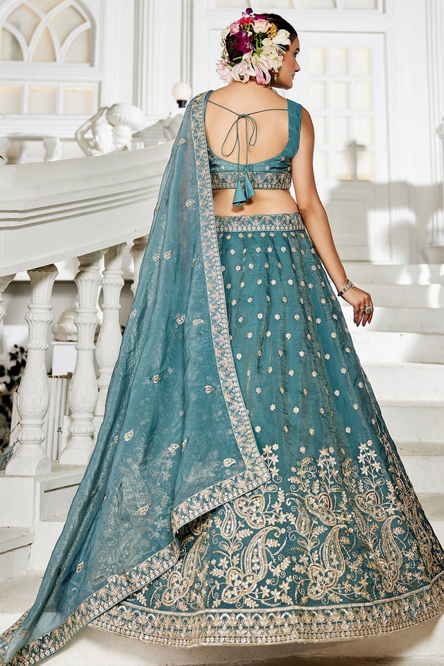 Sea Green Sequin with Embroidered Tissue Lehenga (ACZ9913)