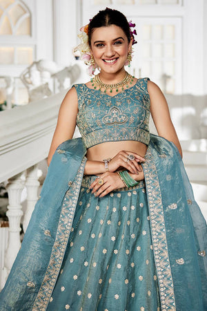 Sea Green Sequin with Embroidered Tissue Lehenga (ACZ9913)