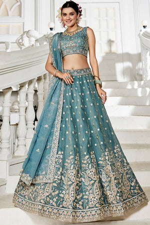 Sea Green Sequin with Embroidered Tissue Lehenga (ACZ9913)