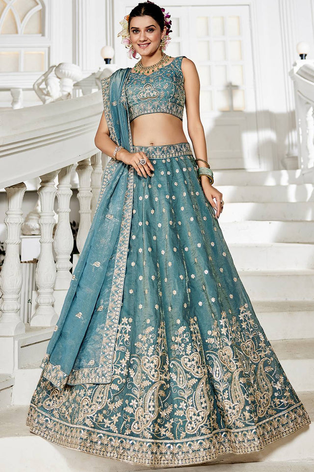 Sea Green Sequin with Embroidered Tissue Lehenga (ACZ9913)