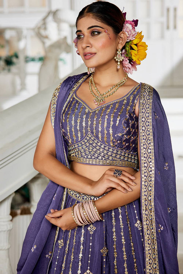 Violet Sequin with Embroidered Georgette Lehenga (ACZ9920)