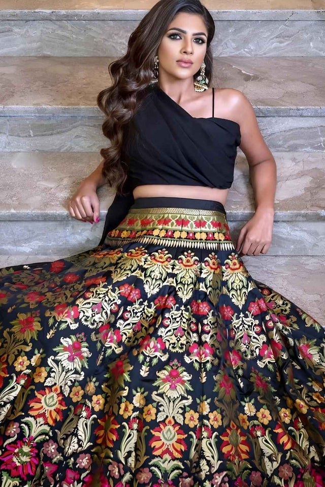 Black Foil Printed Silk Lehenga