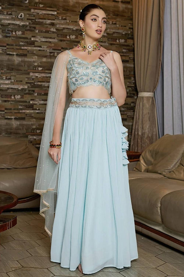 Blue Solid Georgette Lehenga