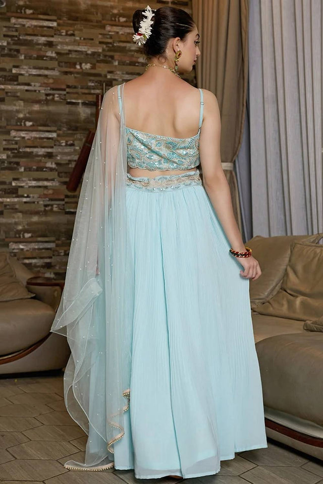 Blue Solid Georgette Lehenga