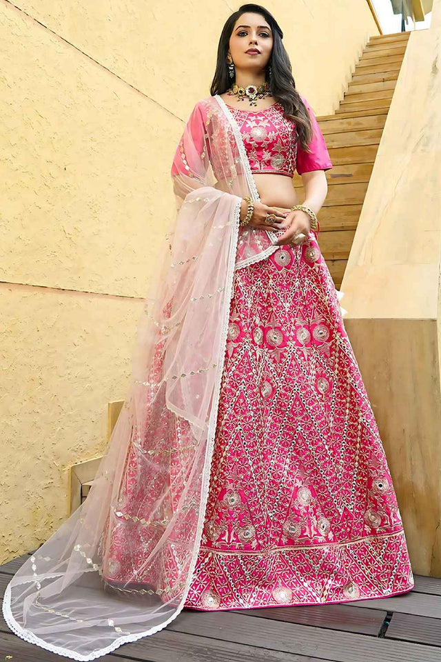 Pink Embroidered with Mirror Work Silk Lehenga