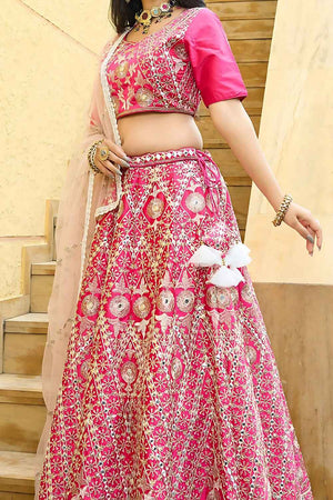 Pink Embroidered with Mirror Work Silk Lehenga