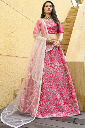 Pink Floral Embroidered Silk Lehenga (AD-pink mirror)
