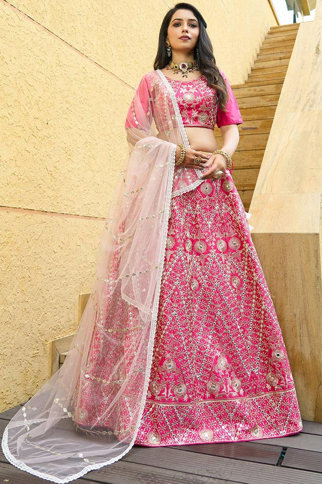 Pink Floral Embroidered Silk Lehenga (AD-pink mirror)