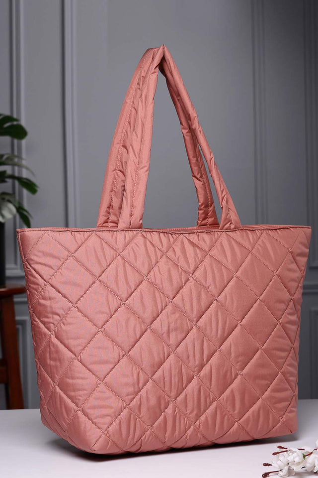 Coral Polyester Diamond Quilted Hand Bag