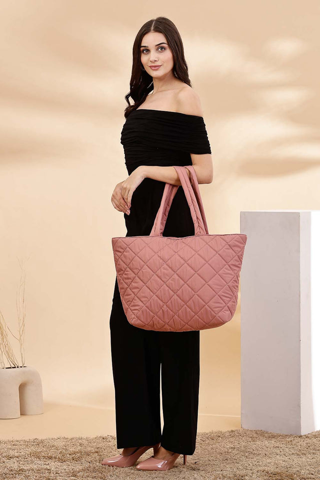 Coral Polyester Diamond Quilted Hand Bag