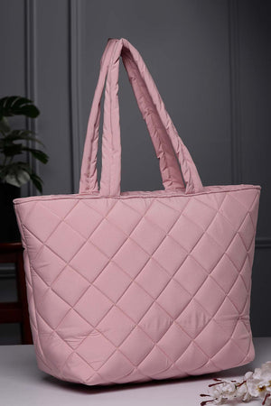 Baby Pink Polyester Diamond Quilted Hand Bag