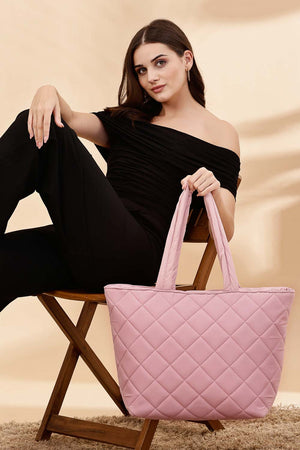 Baby Pink Polyester Diamond Quilted Hand Bag