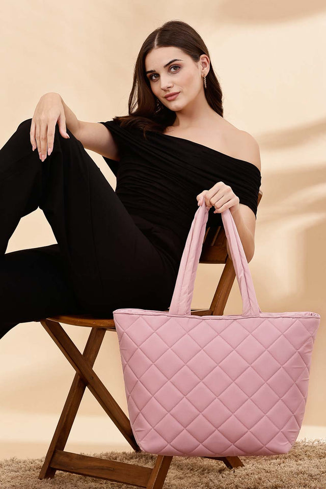 Baby Pink Polyester Diamond Quilted Hand Bag