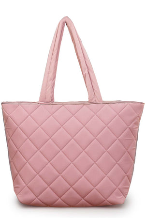 Baby Pink Polyester Diamond Quilted Hand Bag