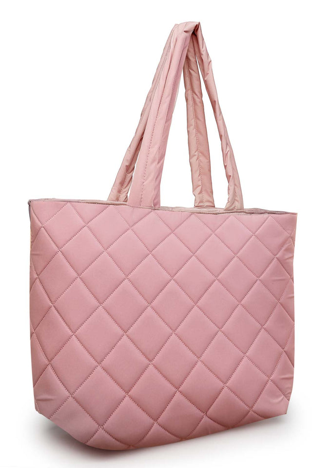 Baby Pink Polyester Diamond Quilted Hand Bag