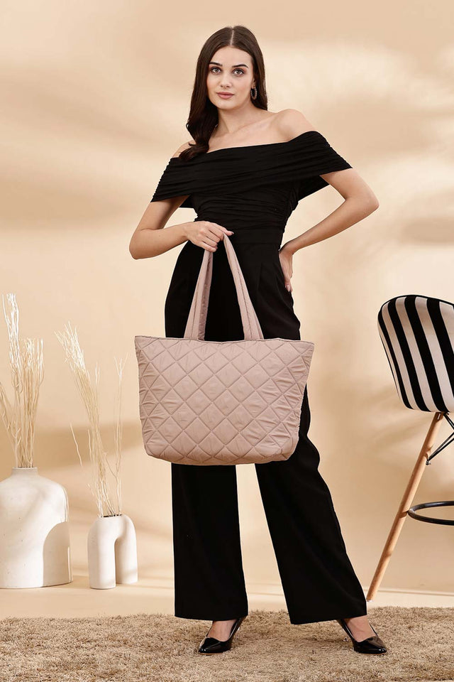 Tan Polyester Diamond Quilted Hand Bag