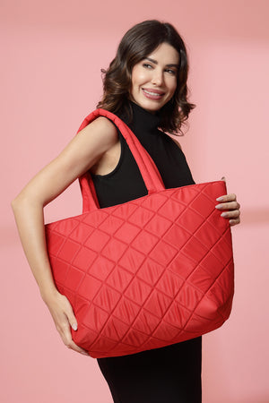 Red Diamond Quilted Polyester Hand Bag