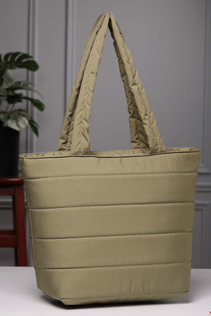 Olive Green Polyester Striped Quilted Hand Bag