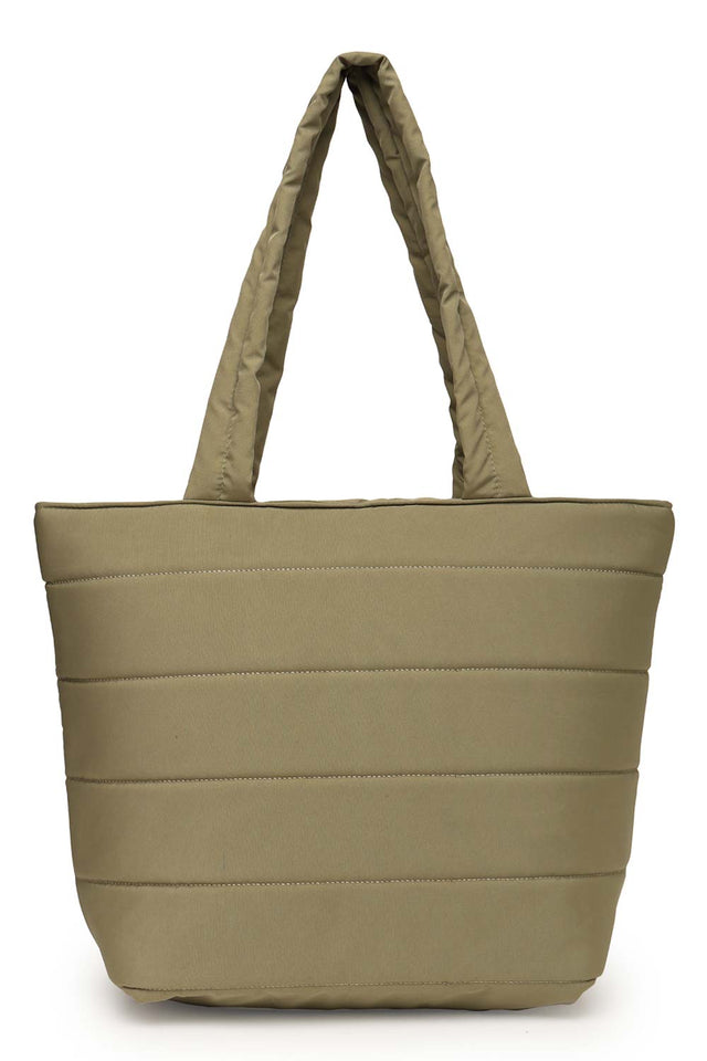 Olive Green Polyester Striped Quilted Hand Bag