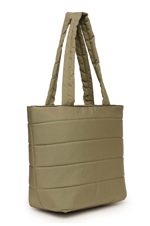 Olive Green Polyester Striped Quilted Hand Bag
