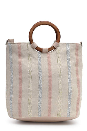 Off White Striped Cotton Hand Bag