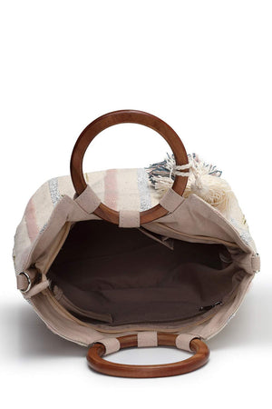 Off White Striped Cotton Hand Bag