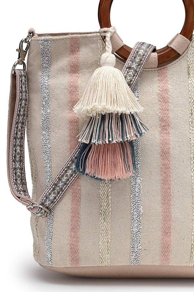 Off White Striped Cotton Hand Bag