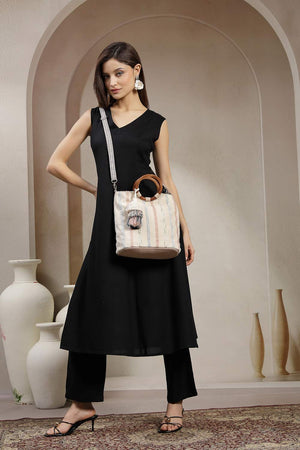 Off White Striped Cotton Hand Bag