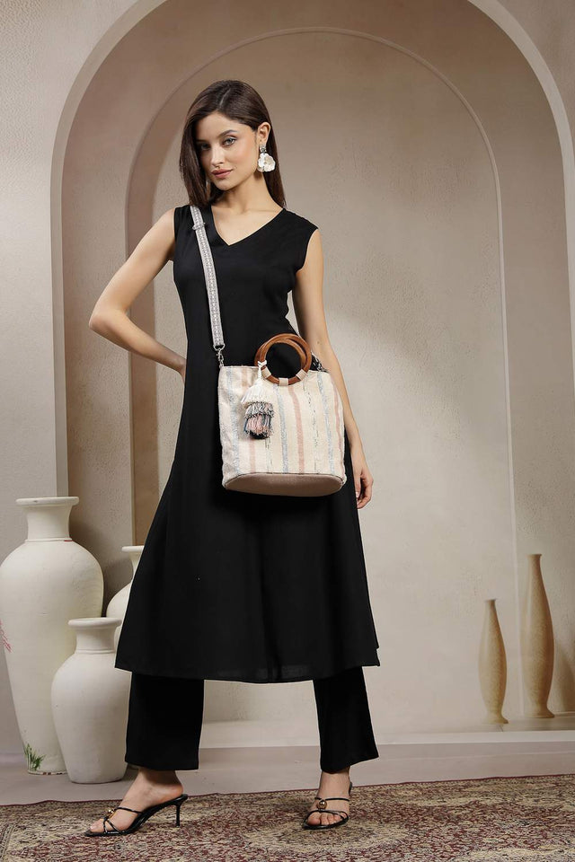 Off White Striped Cotton Hand Bag