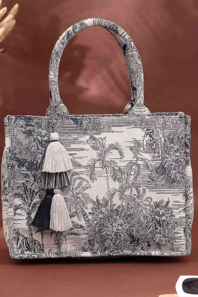 Beige Jacquard Cotton Hand Bag