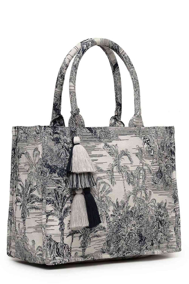 Beige Jacquard Cotton Hand Bag