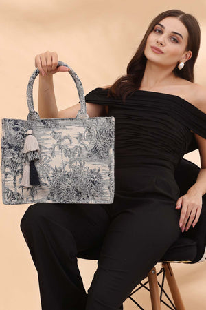 Beige Jacquard Cotton Hand Bag