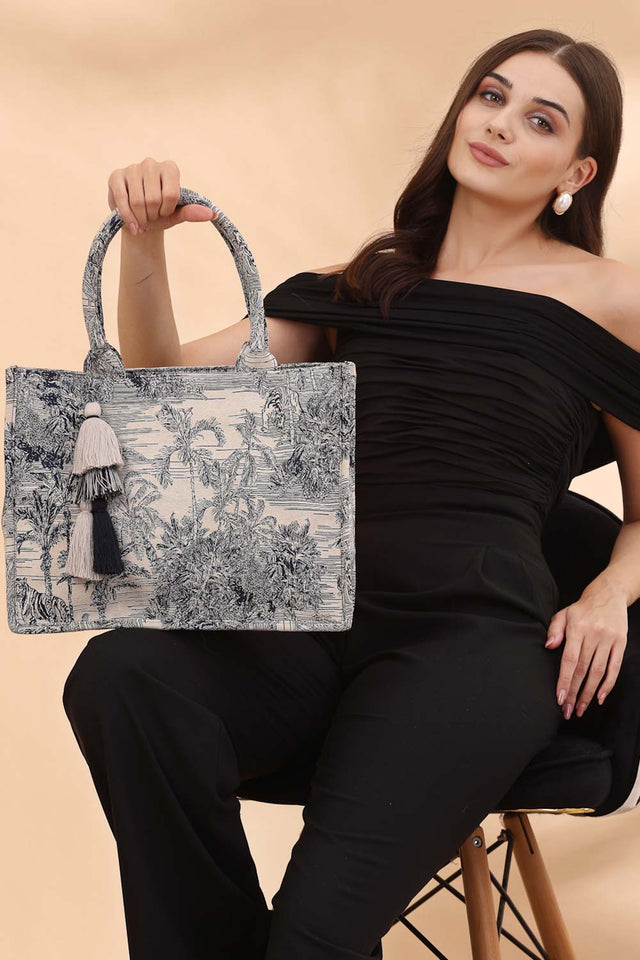 Beige Jacquard Cotton Hand Bag