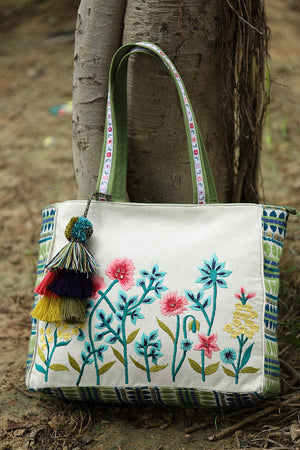 Off White Floral Embroidered Cotton Tote Bag