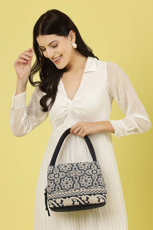Tribal Beige And Navy Abstract Cotton Jacquard Hand Bag