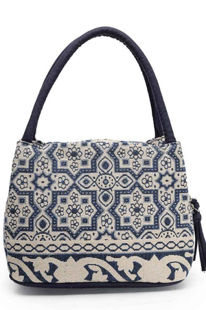 Tribal Beige And Navy Abstract Cotton Jacquard Hand Bag