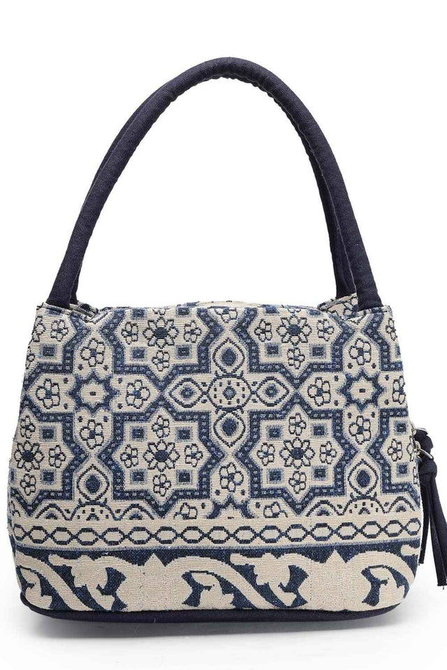 Tribal Beige And Navy Abstract Cotton Jacquard Hand Bag