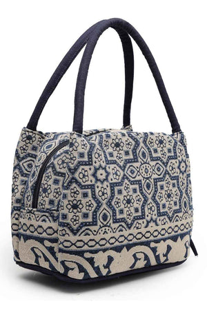 Tribal Beige And Navy Abstract Cotton Jacquard Hand Bag
