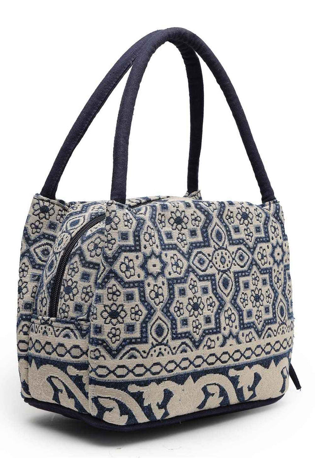 Tribal Beige And Navy Abstract Cotton Jacquard Hand Bag