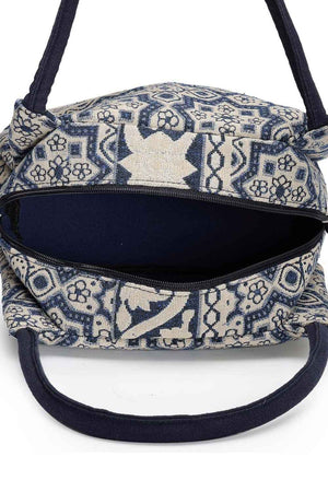 Tribal Beige And Navy Abstract Cotton Jacquard Hand Bag