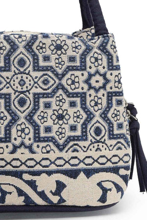 Tribal Beige And Navy Abstract Cotton Jacquard Hand Bag