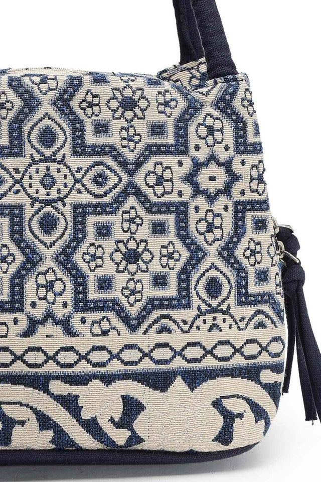 Tribal Beige And Navy Abstract Cotton Jacquard Hand Bag